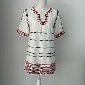 Swim coverup 100% cotton M white black& red embroidery long sleeve shift dress